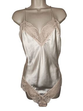 Vintage Ivory Satin Teddy Lace Bodysuit ILGWU Union Made USA Small
